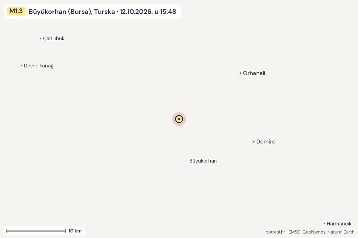 Karta: okolica epicentra, 60 km, potres M1,3, Büyükorhan (Bursa), Turska, 12.10.2026.