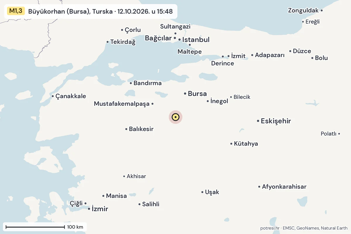 Karta: šire područje, 600 km, potres M1,3, Büyükorhan (Bursa), Turska, 12.10.2026.