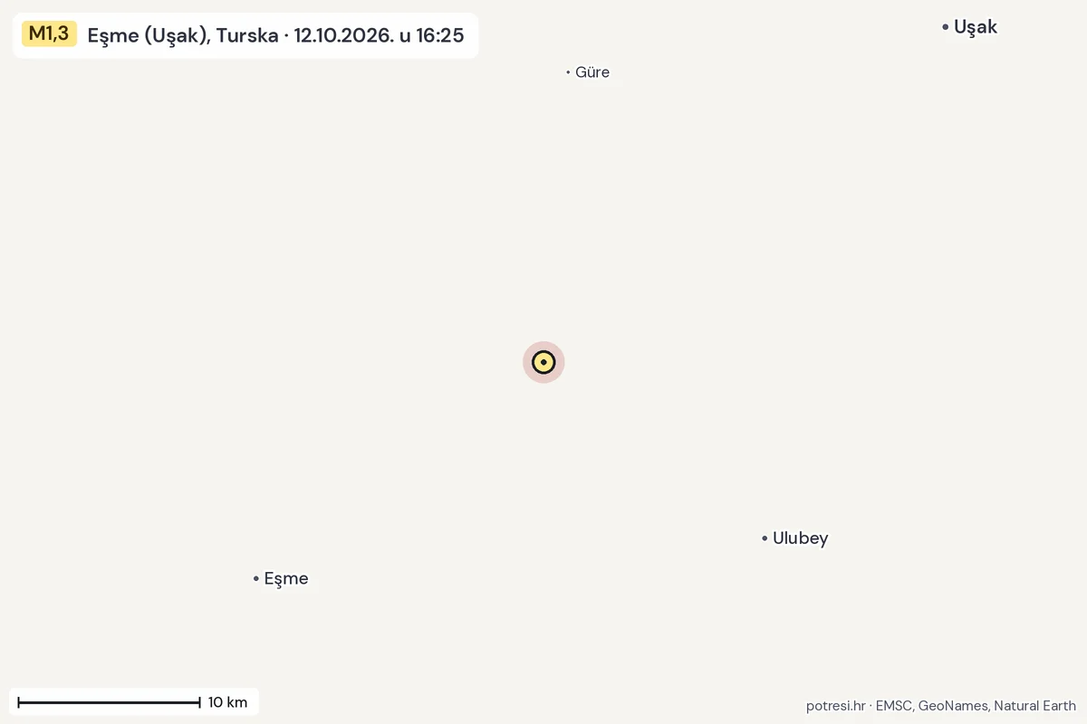 Karta: okolica epicentra, 60 km, potres M1,3, Eşme (Uşak), Turska, 12.10.2026.