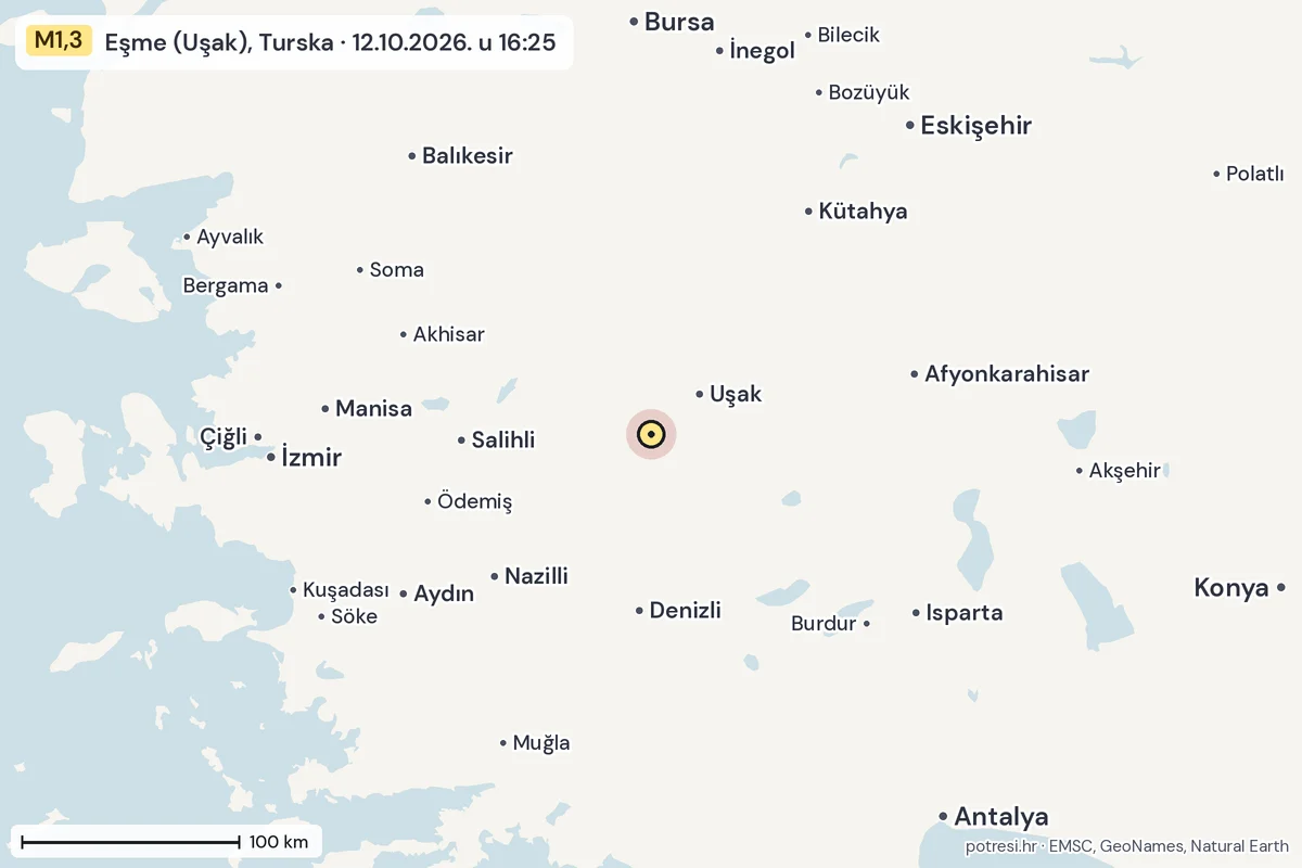 Karta: šire područje, 600 km, potres M1,3, Eşme (Uşak), Turska, 12.10.2026.