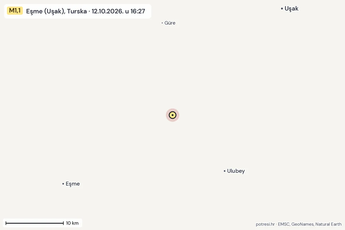 Karta: okolica epicentra, 60 km, potres M1,1, Eşme (Uşak), Turska, 12.10.2026.