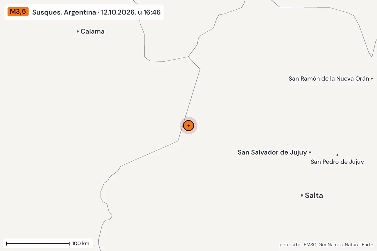 Karta: šire područje, 600 km, potres M3,5, Susques, Argentina, 12.10.2026.