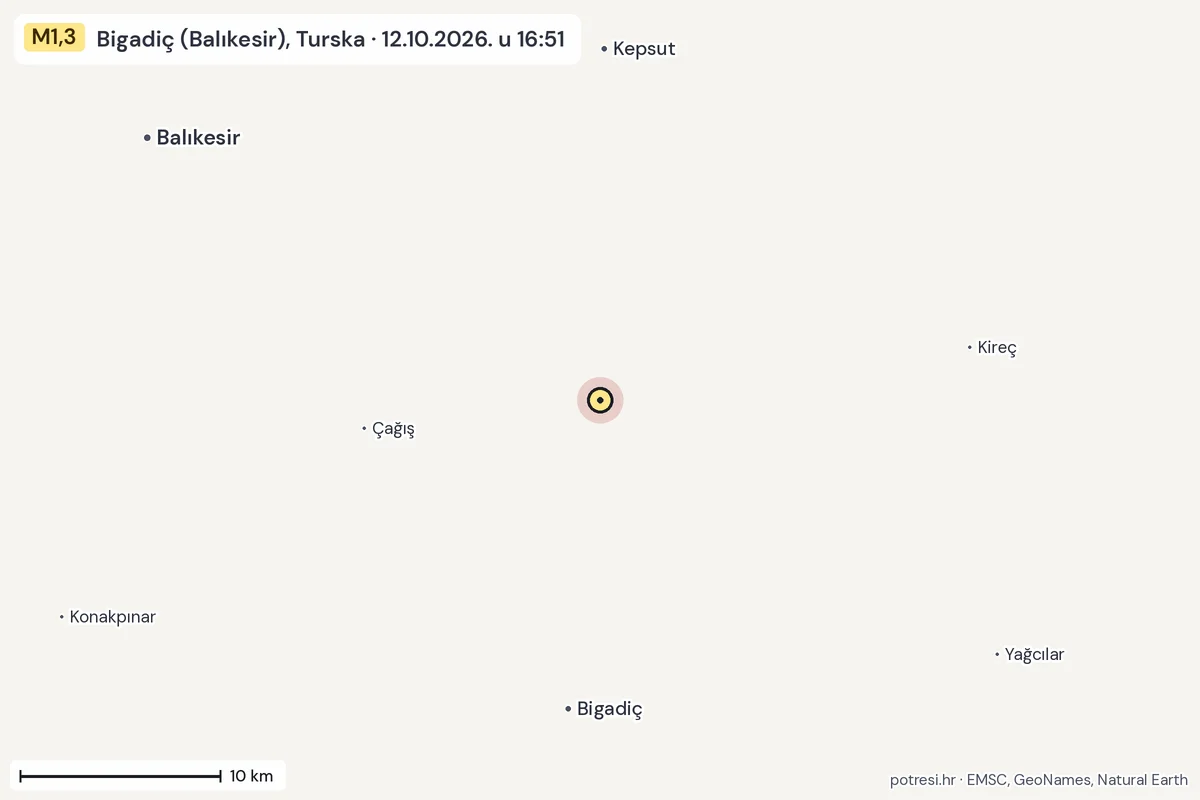 Karta: okolica epicentra, 60 km, potres M1,3, Bigadiç (Balıkesir), Turska, 12.10.2026.