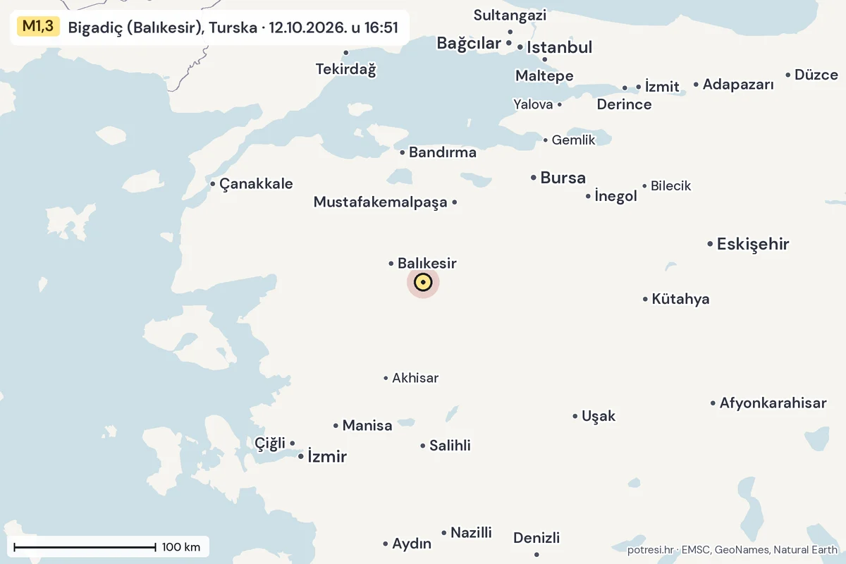 Karta: šire područje, 600 km, potres M1,3, Bigadiç (Balıkesir), Turska, 12.10.2026.