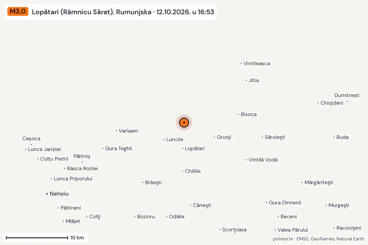 Karta: okolica epicentra, 60 km, potres M3,0, Lopătari (Râmnicu Sărat), Rumunjska, 12.10.2026.