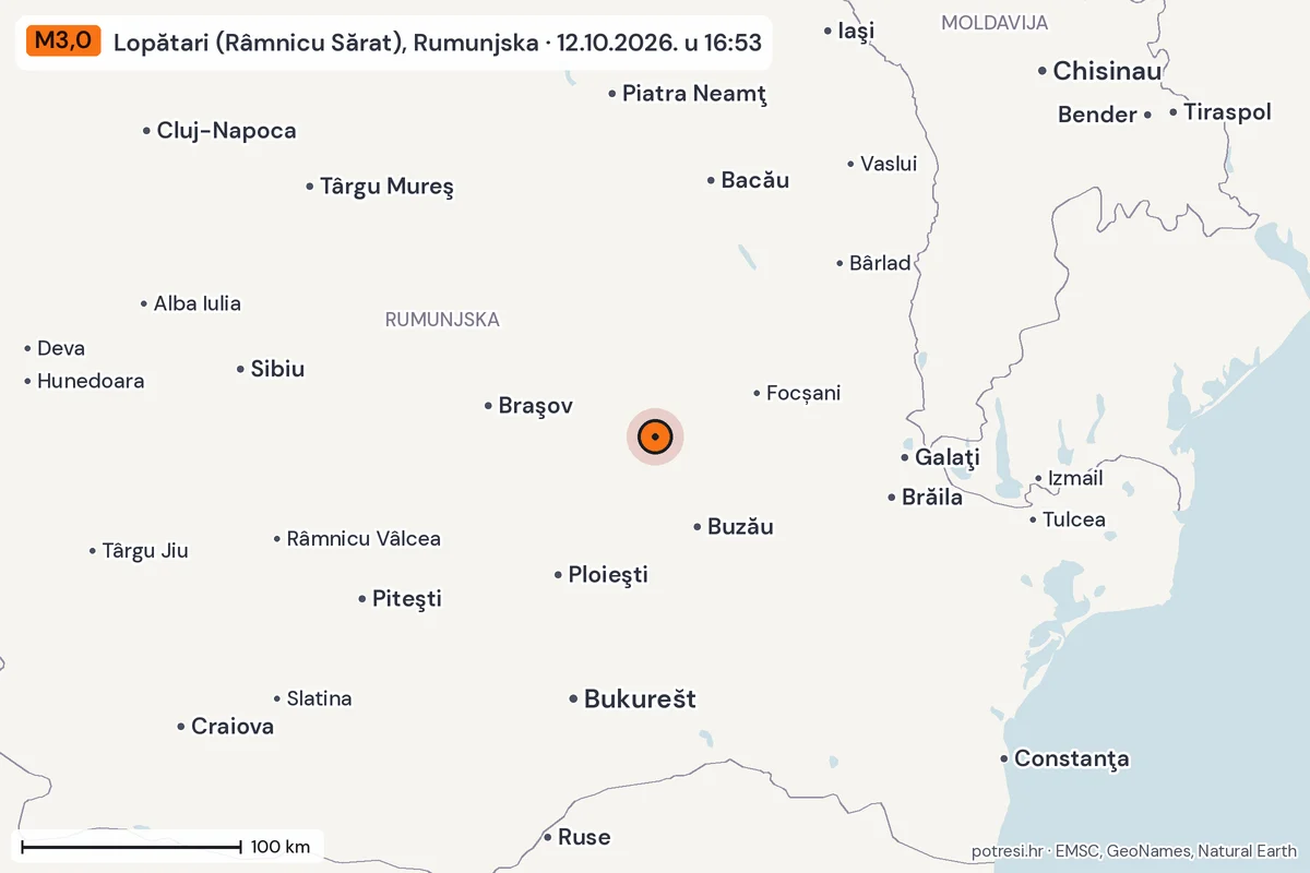 Karta: šire područje, 600 km, potres M3,0, Lopătari (Râmnicu Sărat), Rumunjska, 12.10.2026.