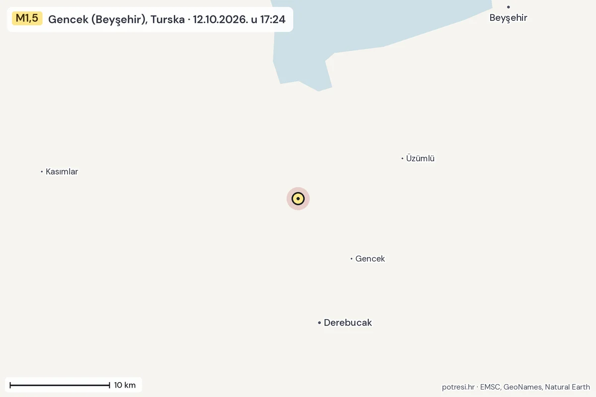 Karta: okolica epicentra, 60 km, potres M1,5, Gencek (Beyşehir), Turska, 12.10.2026.