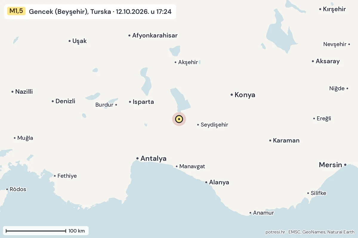 Karta: šire područje, 600 km, potres M1,5, Gencek (Beyşehir), Turska, 12.10.2026.