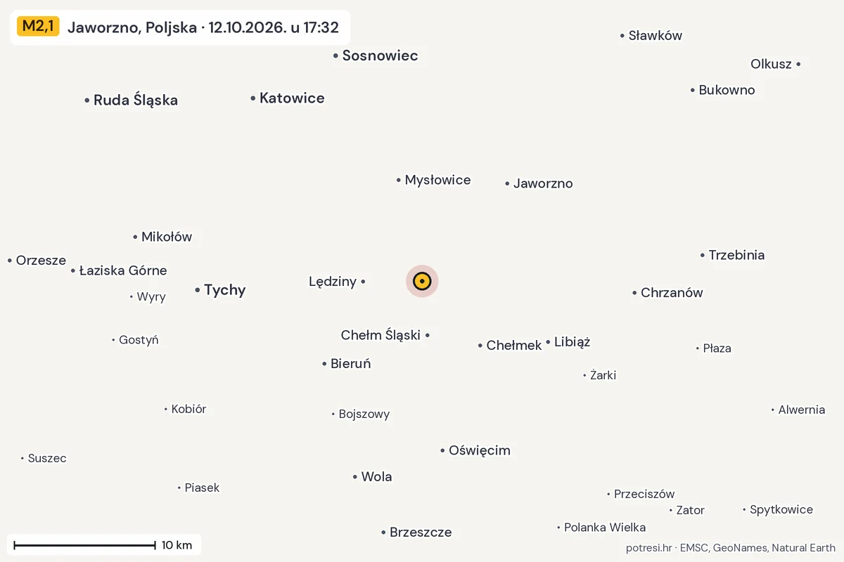 Karta: okolica epicentra, 60 km, potres M2,1, Jaworzno, Poljska, 12.10.2026.