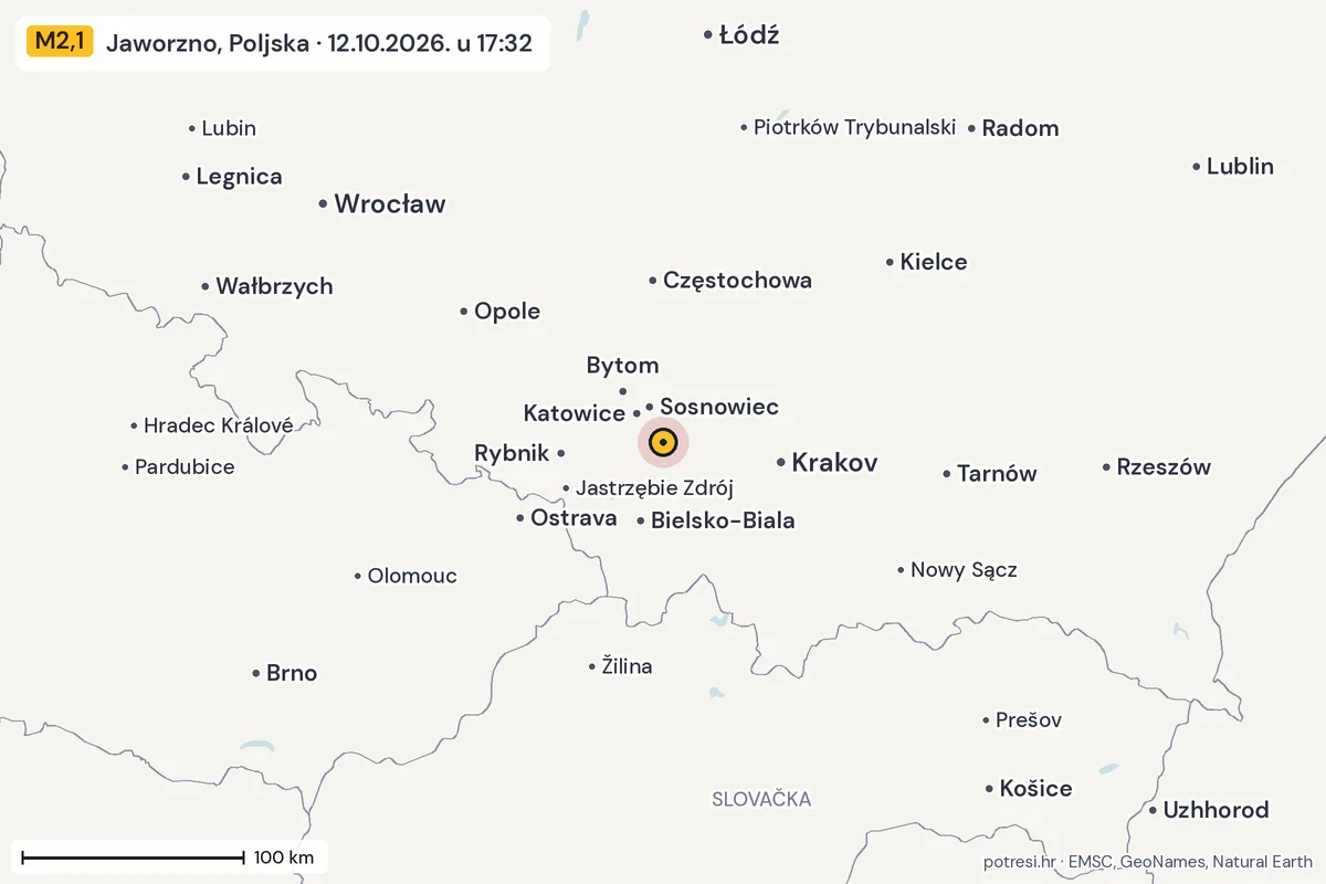 Karta: šire područje, 600 km, potres M2,1, Jaworzno, Poljska, 12.10.2026.