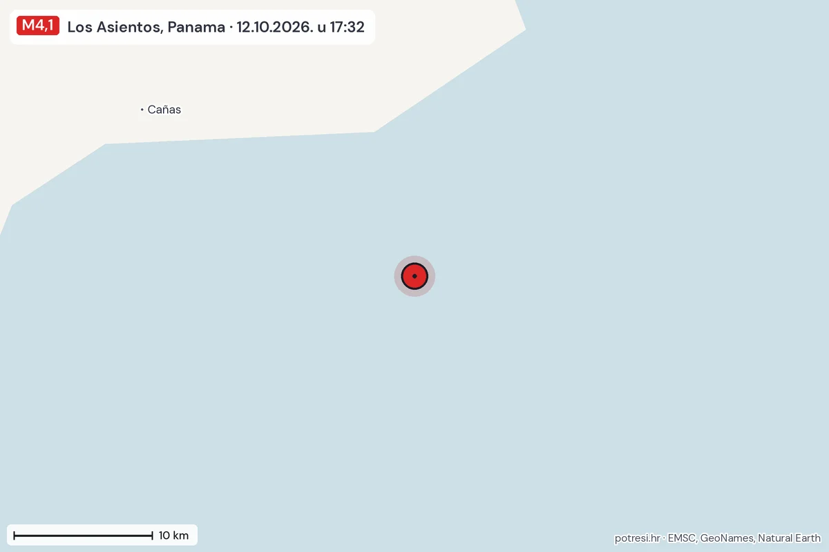 Karta: okolica epicentra, 60 km, potres M4,1, Los Asientos, Panama, 12.10.2026.