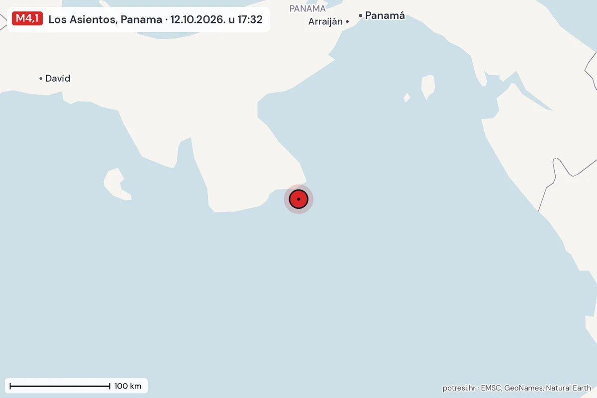 Karta: šire područje, 600 km, potres M4,1, Los Asientos, Panama, 12.10.2026.