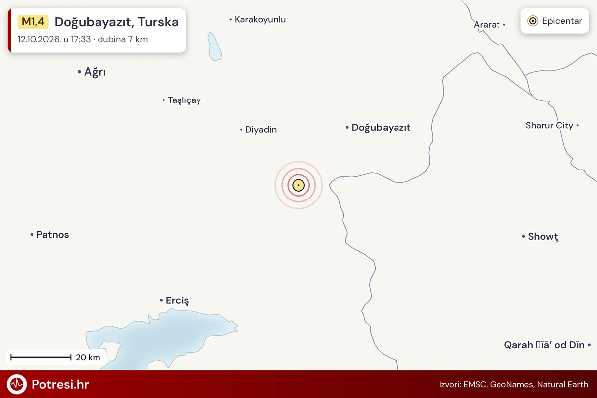 Karta: šire područje i vjerojatni doseg osjeta, potres M1,4, Doğubayazıt, Turska, 12.10.2026.