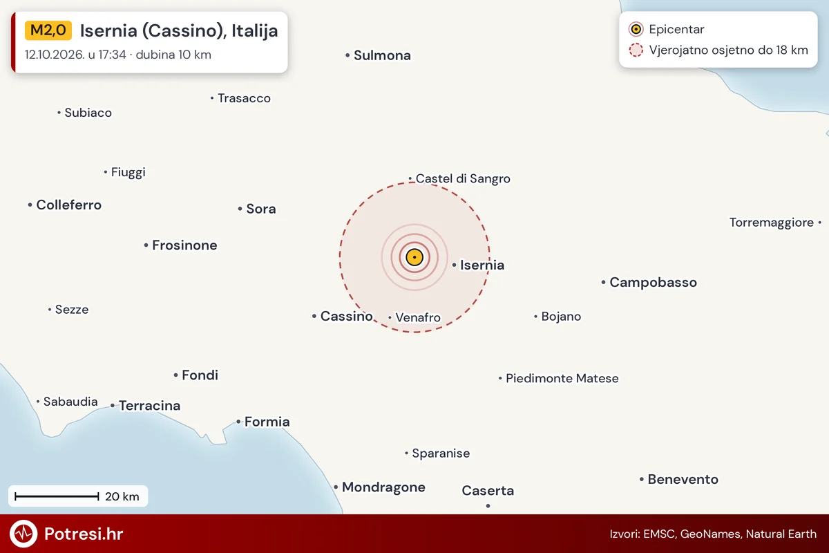Karta: šire područje i vjerojatni doseg osjeta, potres M2,0, Isernia (Cassino), Italija, 12.10.2026.