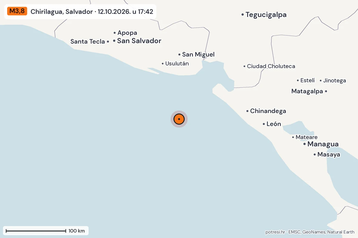 Karta: šire područje, 600 km, potres M3,8, Chirilagua, Salvador, 12.10.2026.