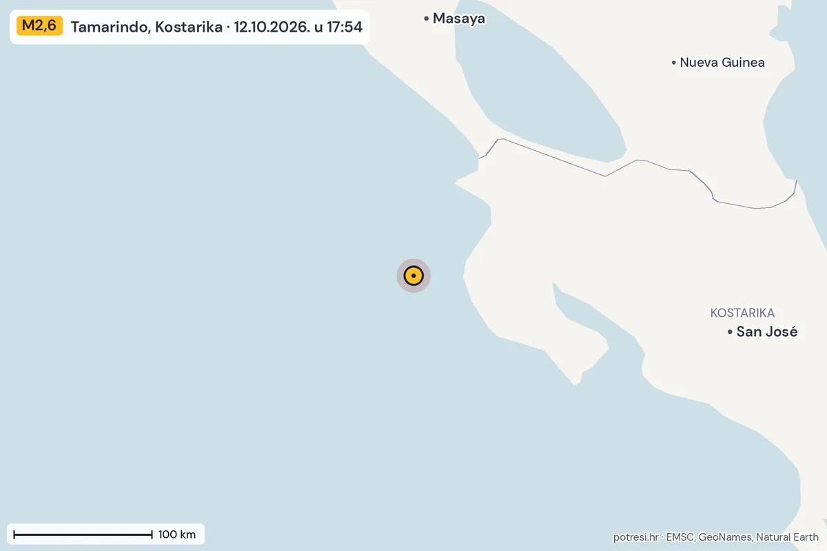Karta: šire područje, 600 km, potres M2,6, Tamarindo, Kostarika, 12.10.2026.