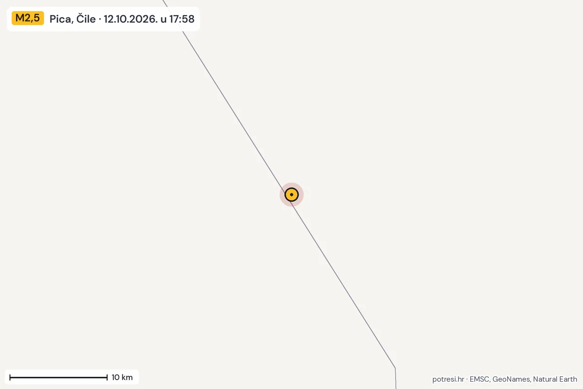 Karta: okolica epicentra, 60 km, potres M2,5, Pica, Čile, 12.10.2026.