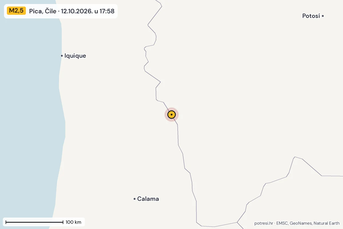 Karta: šire područje, 600 km, potres M2,5, Pica, Čile, 12.10.2026.