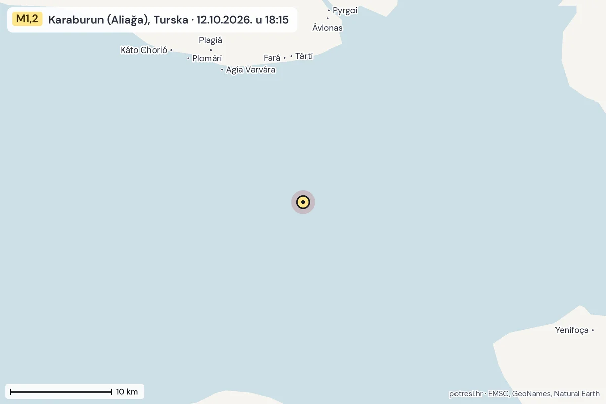 Karta: okolica epicentra, 60 km, potres M1,2, Karaburun (Aliağa), Turska, 12.10.2026.