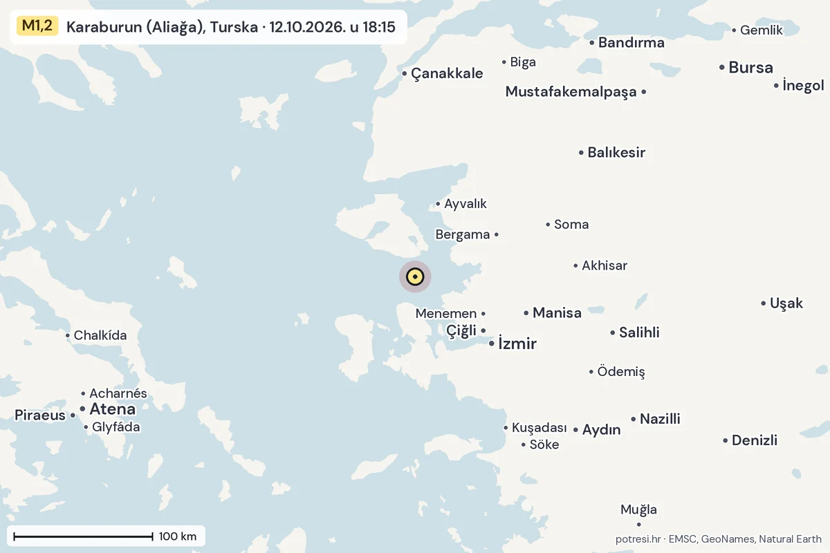 Karta: šire područje, 600 km, potres M1,2, Karaburun (Aliağa), Turska, 12.10.2026.