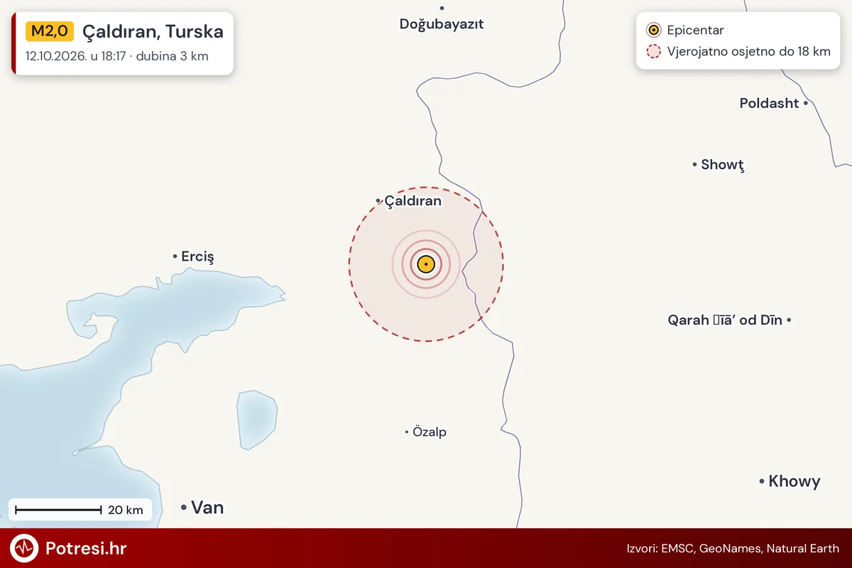 Karta: šire područje i vjerojatni doseg osjeta, potres M2,0, Çaldıran, Turska, 12.10.2026.