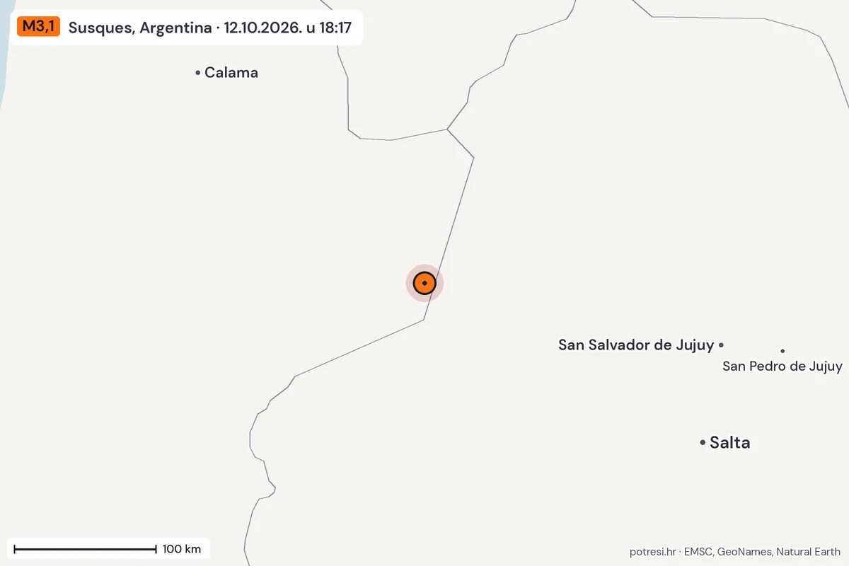 Karta: šire područje, 600 km, potres M3,1, Susques, Argentina, 12.10.2026.