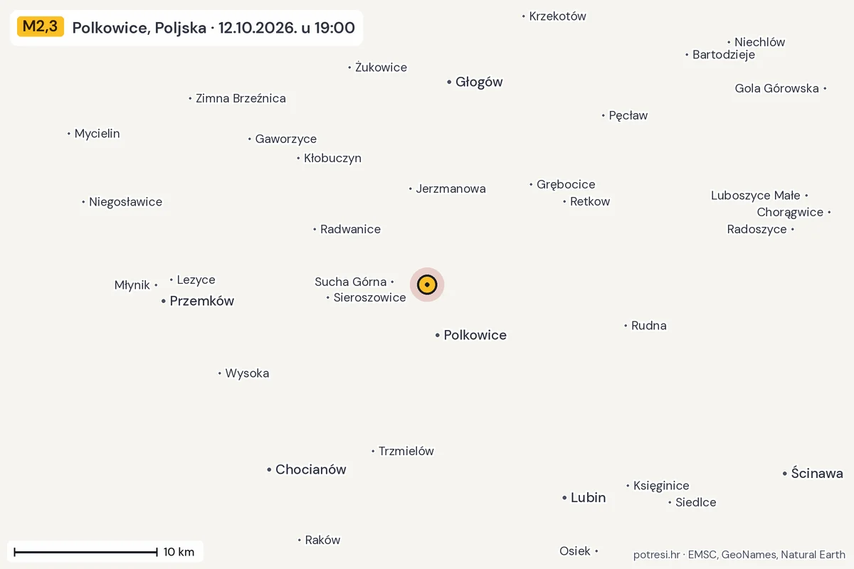 Karta: okolica epicentra, 60 km, potres M2,3, Polkowice, Poljska, 12.10.2026.