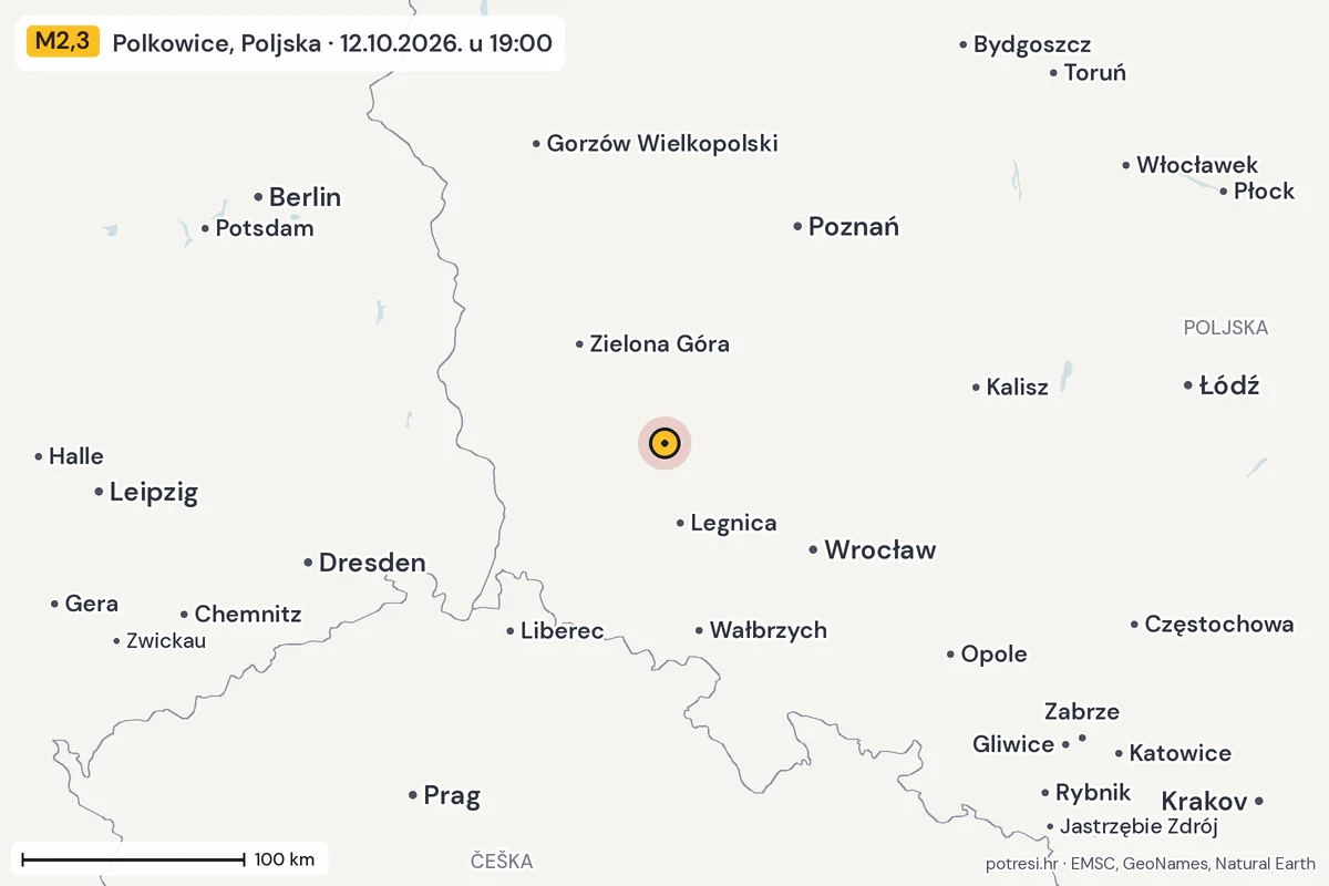 Karta: šire područje, 600 km, potres M2,3, Polkowice, Poljska, 12.10.2026.