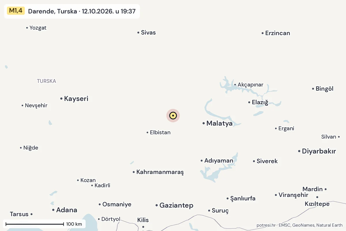 Karta: šire područje, 600 km, potres M1,4, Darende, Turska, 12.10.2026.