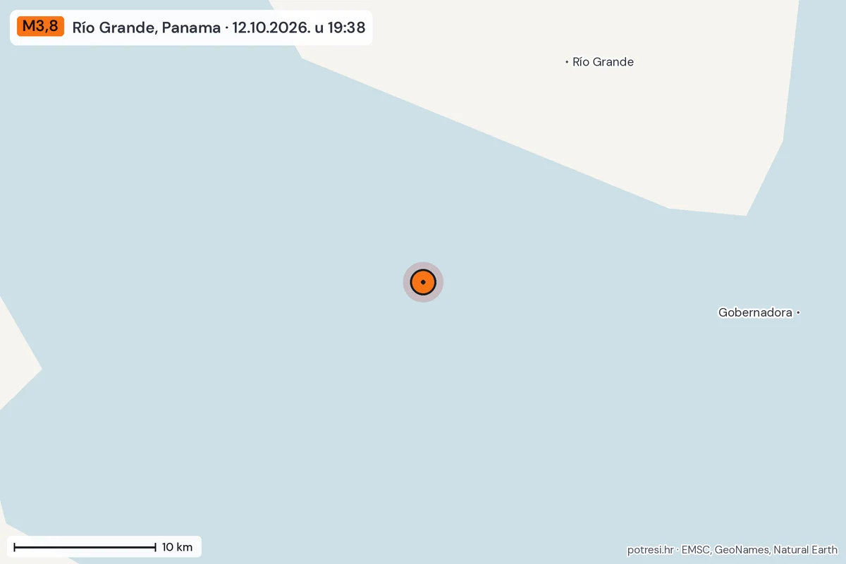 Karta: okolica epicentra, 60 km, potres M3,8, Río Grande, Panama, 12.10.2026.