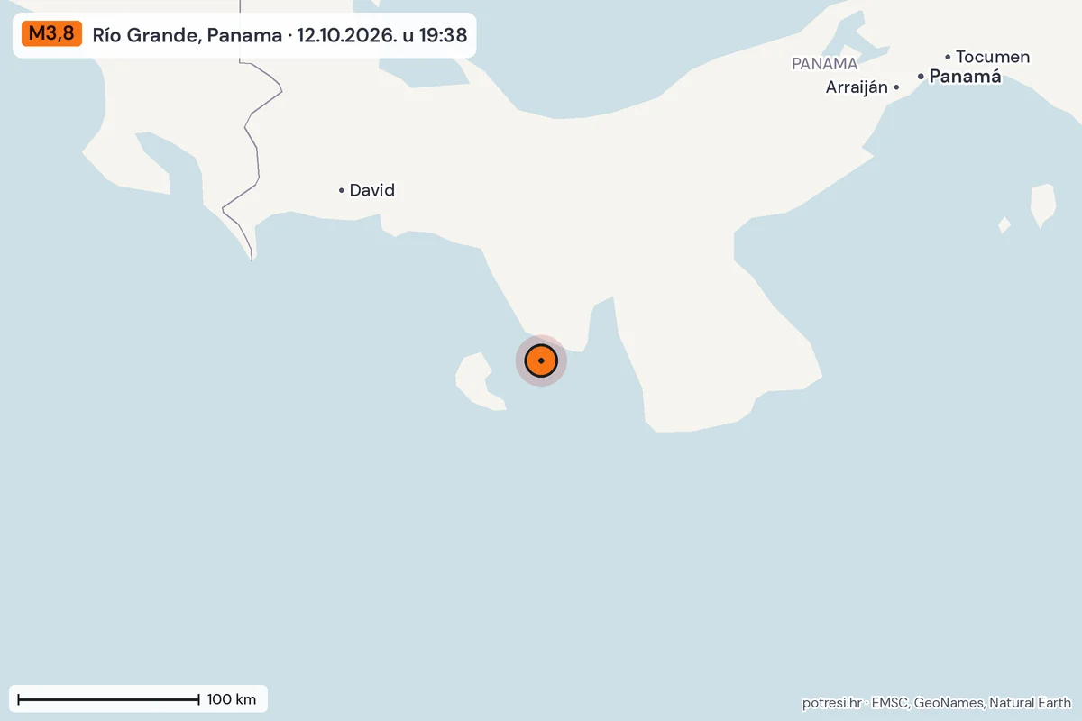 Karta: šire područje, 600 km, potres M3,8, Río Grande, Panama, 12.10.2026.