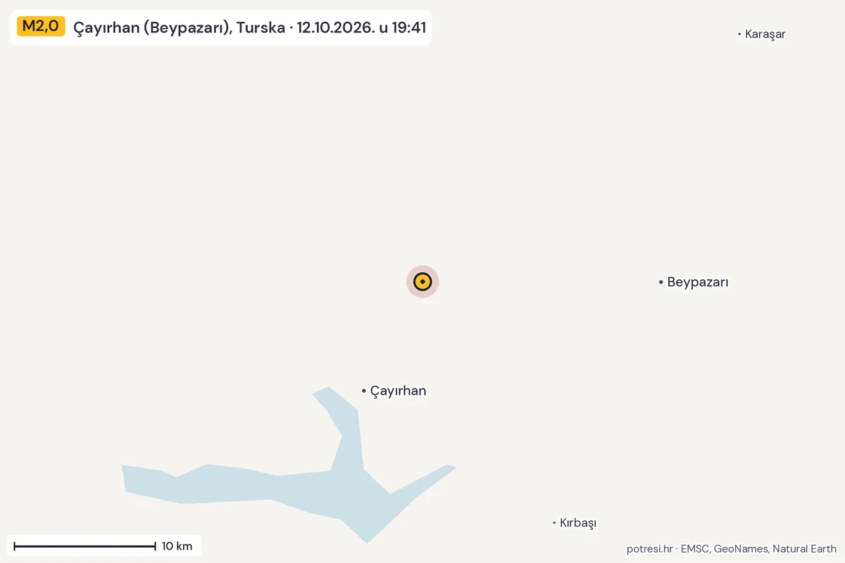 Karta: okolica epicentra, 60 km, potres M2,0, Çayırhan (Beypazarı), Turska, 12.10.2026.