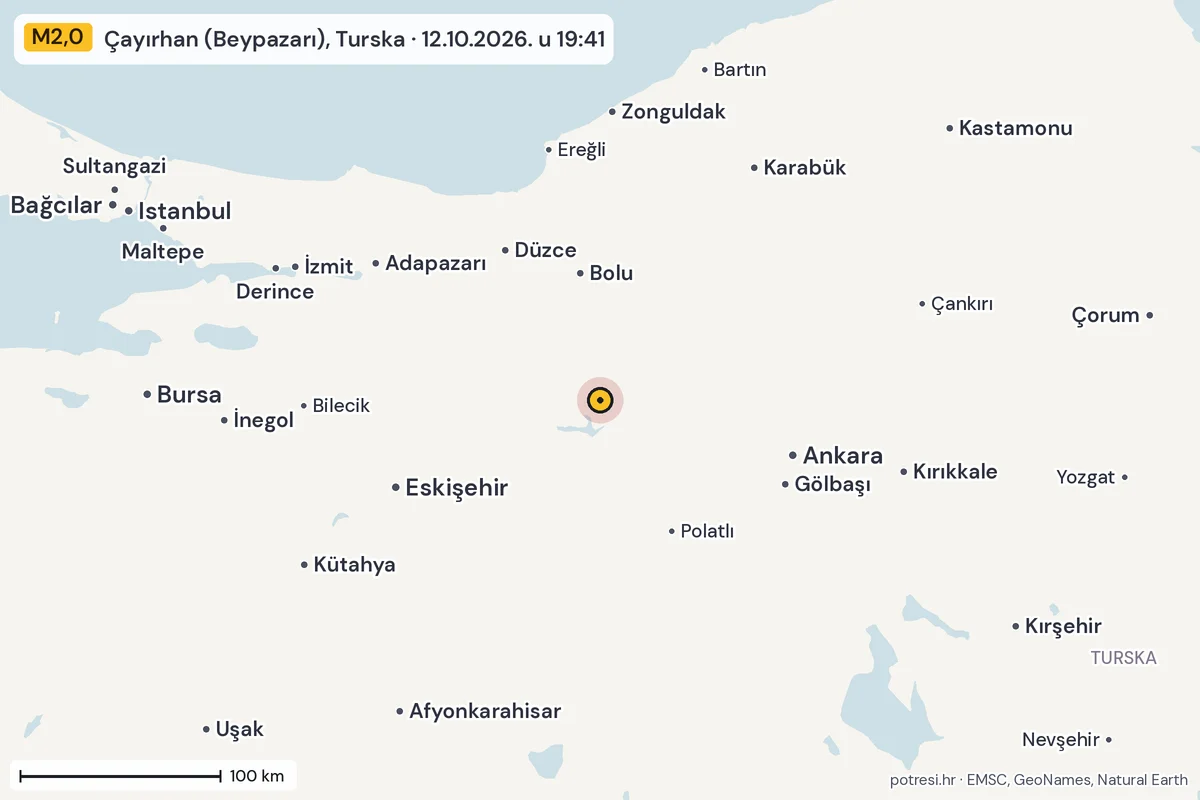Karta: šire područje, 600 km, potres M2,0, Çayırhan (Beypazarı), Turska, 12.10.2026.