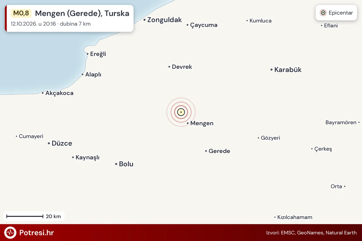 Karta: šire područje i vjerojatni doseg osjeta, potres M0,8, Mengen (Gerede), Turska, 12.10.2026.