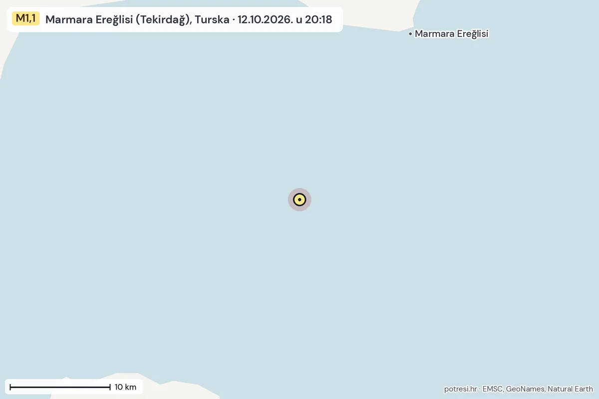 Karta: okolica epicentra, 60 km, potres M1,1, Marmara Ereğlisi (Tekirdağ), Turska, 12.10.2026.