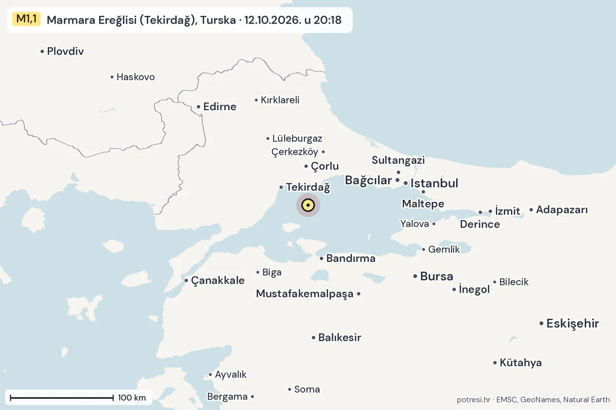 Karta: šire područje, 600 km, potres M1,1, Marmara Ereğlisi (Tekirdağ), Turska, 12.10.2026.