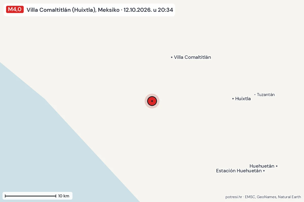 Karta: okolica epicentra, 60 km, potres M4,0, Villa Comaltitlán (Huixtla), Meksiko, 12.10.2026.