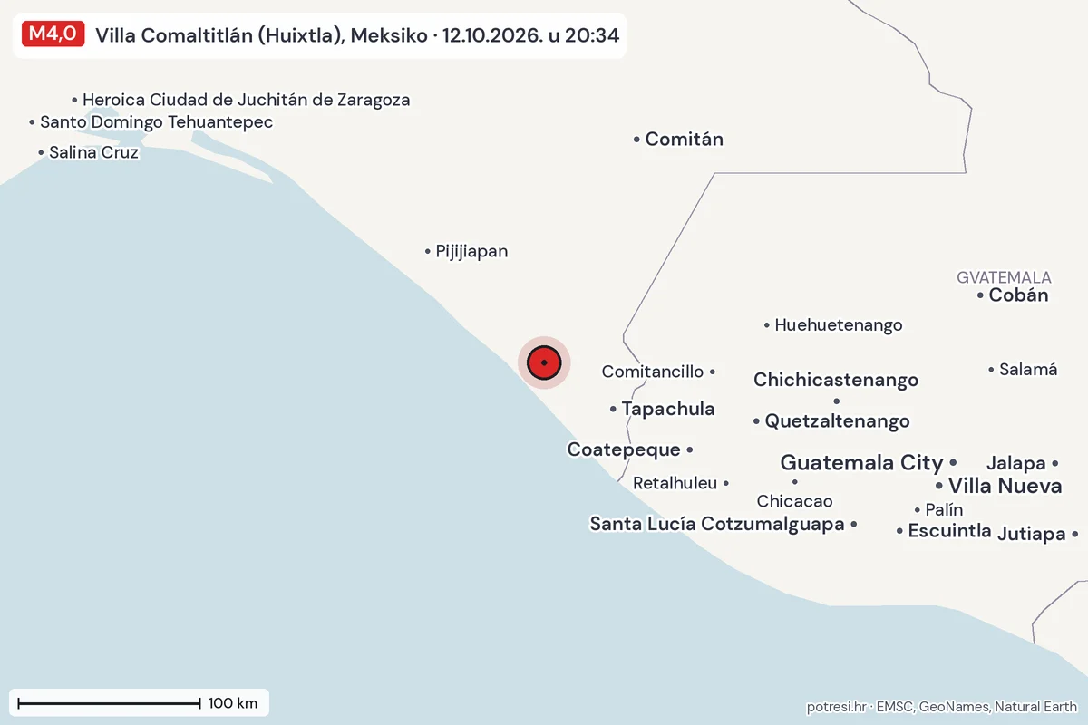 Karta: šire područje, 600 km, potres M4,0, Villa Comaltitlán (Huixtla), Meksiko, 12.10.2026.