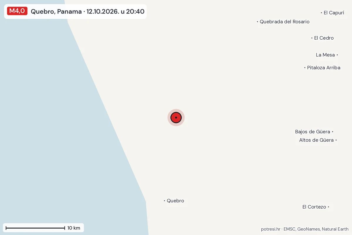 Karta: okolica epicentra, 60 km, potres M4,0, Quebro, Panama, 12.10.2026.