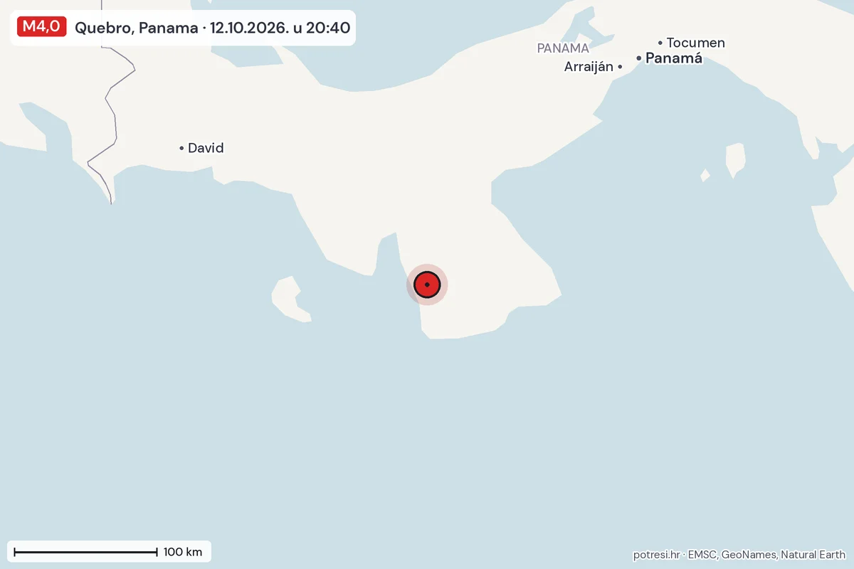 Karta: šire područje, 600 km, potres M4,0, Quebro, Panama, 12.10.2026.