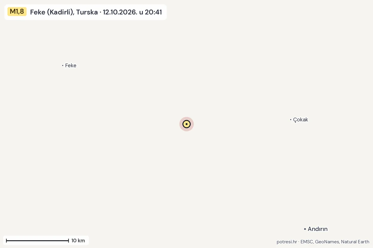 Karta: okolica epicentra, 60 km, potres M1,8, Feke (Kadirli), Turska, 12.10.2026.
