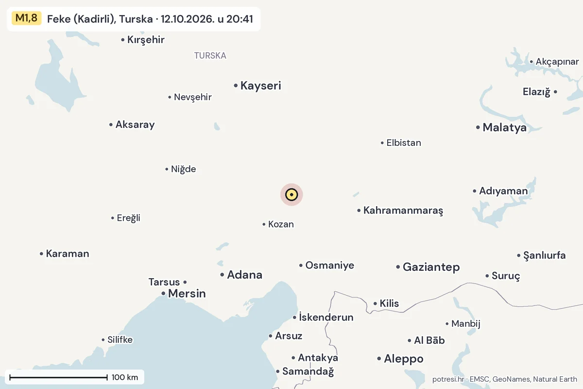 Karta: šire područje, 600 km, potres M1,8, Feke (Kadirli), Turska, 12.10.2026.