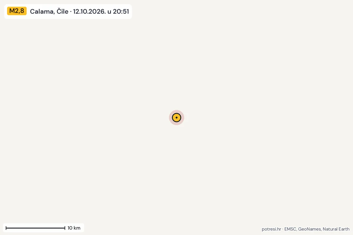 Karta: okolica epicentra, 60 km, potres M2,8, Calama, Čile, 12.10.2026.