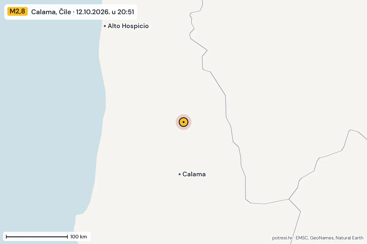 Karta: šire područje, 600 km, potres M2,8, Calama, Čile, 12.10.2026.