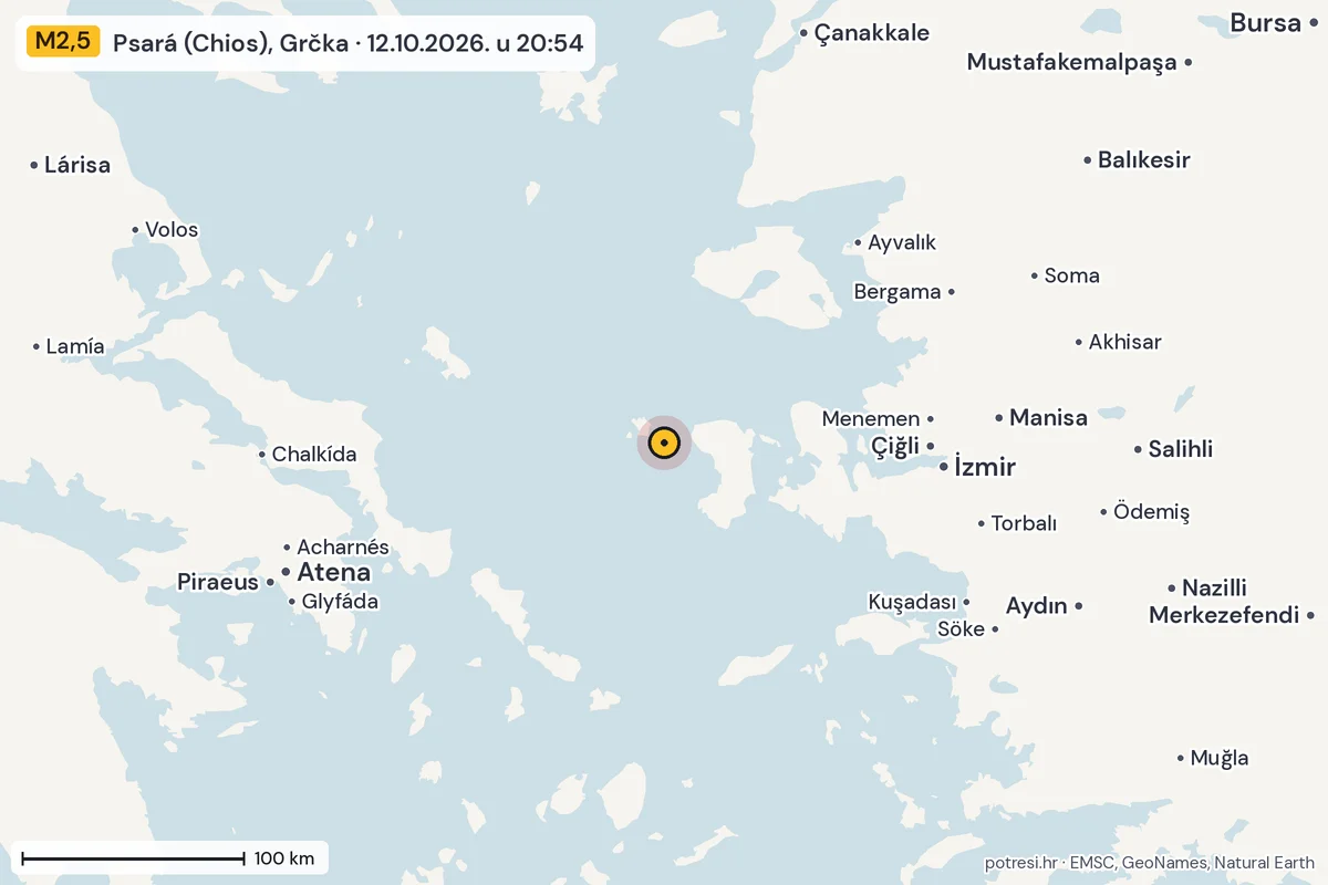 Karta: šire područje, 600 km, potres M2,5, Psará (Chios), Grčka, 12.10.2026.