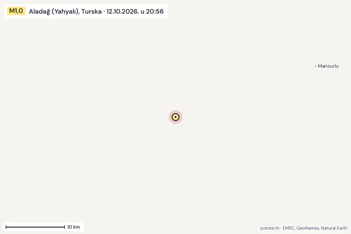 Karta: okolica epicentra, 60 km, potres M1,0, Aladağ (Yahyalı), Turska, 12.10.2026.