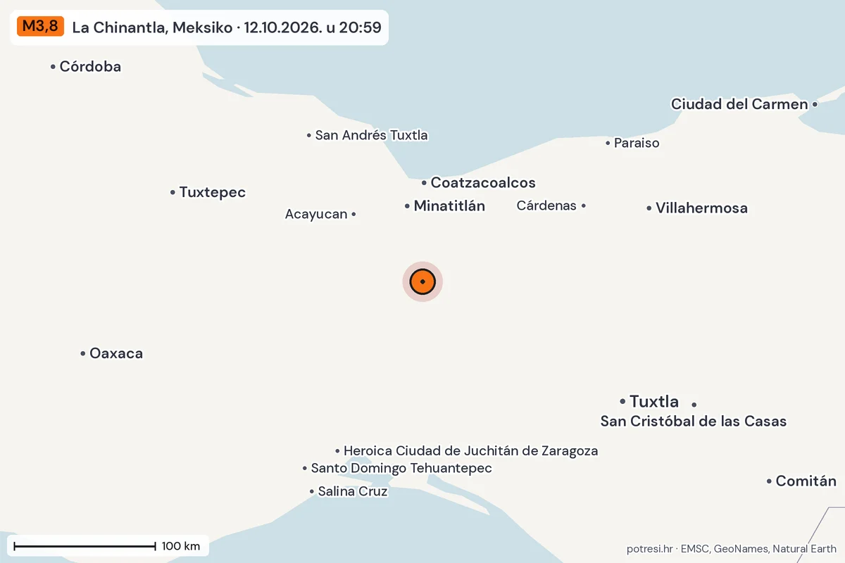 Karta: šire područje, 600 km, potres M3,8, La Chinantla, Meksiko, 12.10.2026.