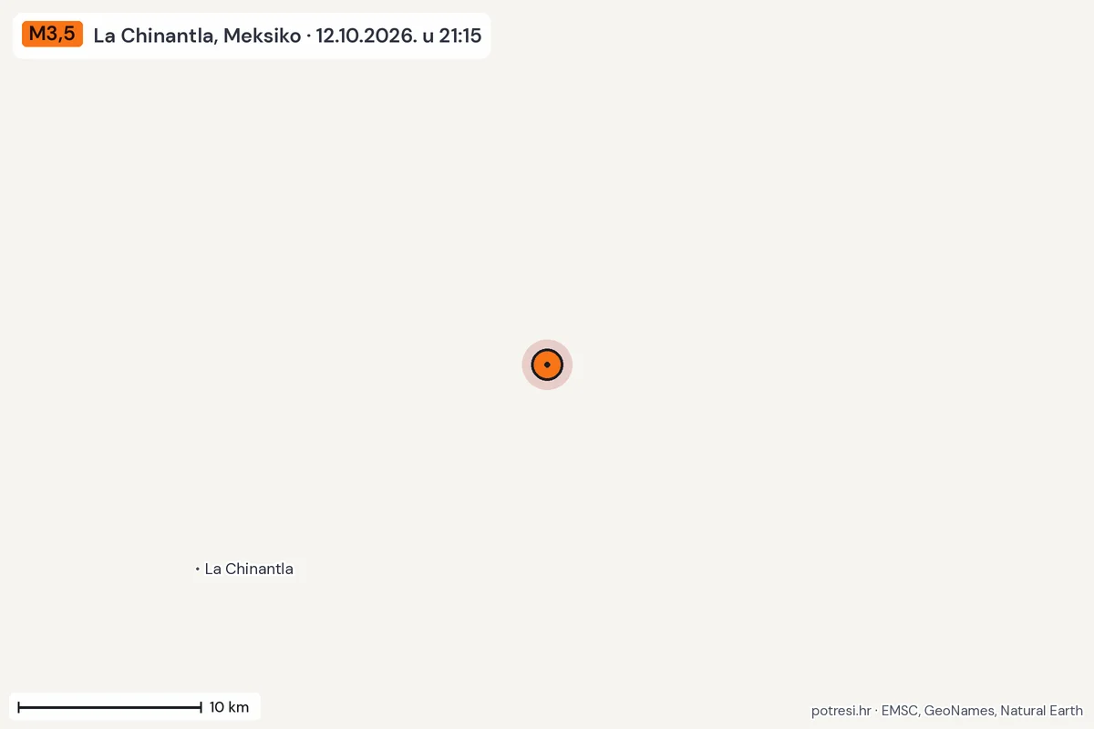 Karta: okolica epicentra, 60 km, potres M3,5, La Chinantla, Meksiko, 12.10.2026.