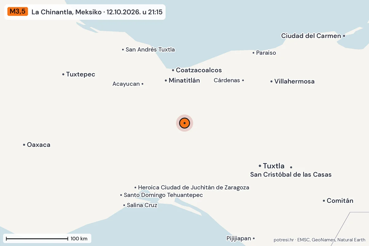 Karta: šire područje, 600 km, potres M3,5, La Chinantla, Meksiko, 12.10.2026.