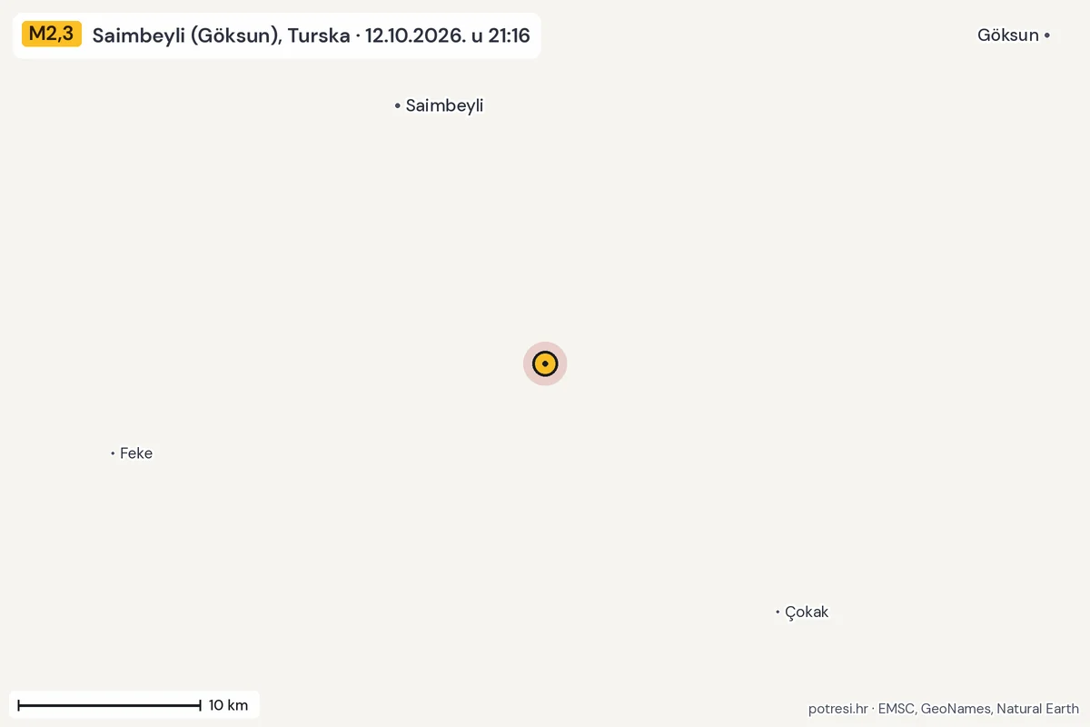 Karta: okolica epicentra, 60 km, potres M2,3, Saimbeyli (Göksun), Turska, 12.10.2026.